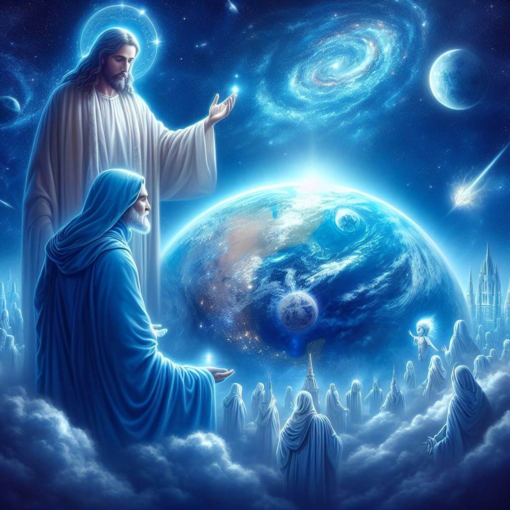 Saint Germain und Jesus blicken auf Erde